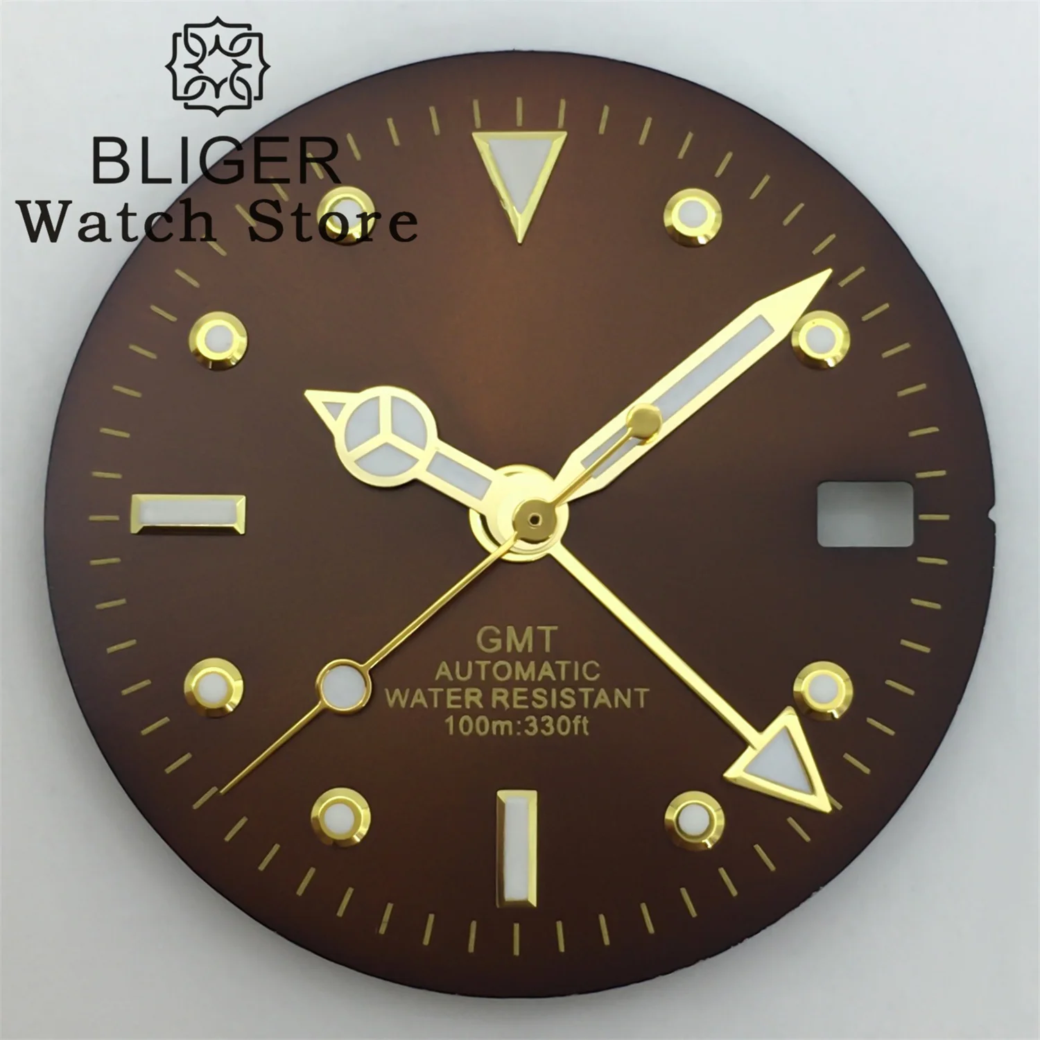 BLIGER NH34 Dial 29mm Brown GMT Dial Gold Scale Gold 4-pin Green Luminous Fits NH34 Movement Watch Modification Accessories