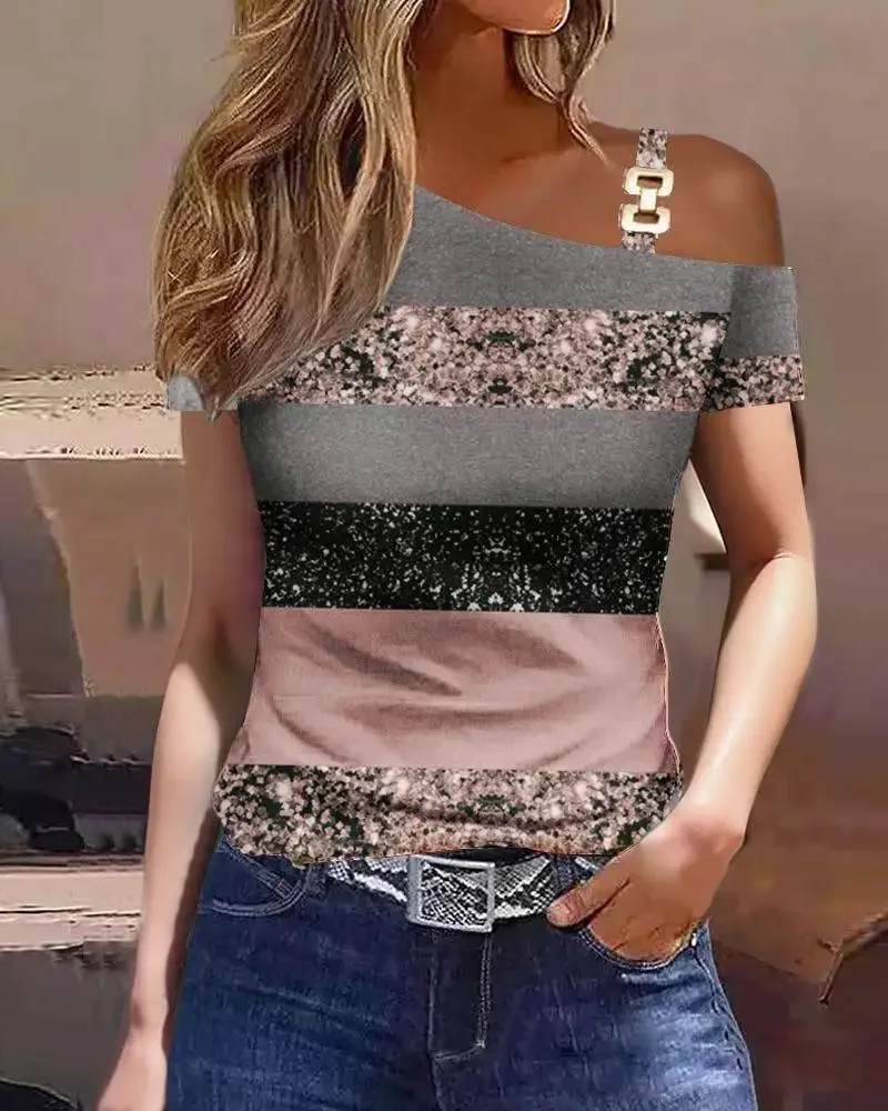 

Top Women Summer Fashion Printed Simple Metal Buckle Oblique Collar Short-Sleeved Casual Daily T-Shirt Top Y2K Clothes New 2025