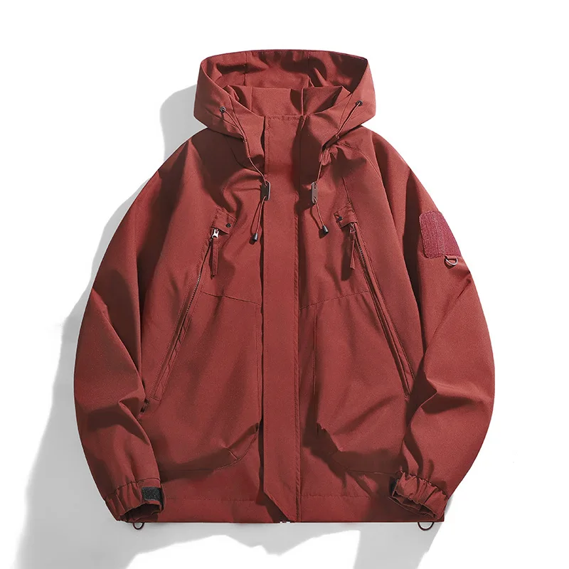Men Solid Color Hooded Cargo Jacket Windproof Multi Pocket Design Hiking Windbreaker Spring Autumn Fashion Casual Male Outerwear