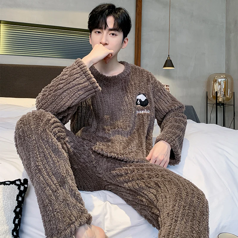 Vintage Panda Cartoon Cute Letter Print Pajamas Set for Men Cotton Causal Outside New Homewear Autumn Winter Crew Neck Nightwear