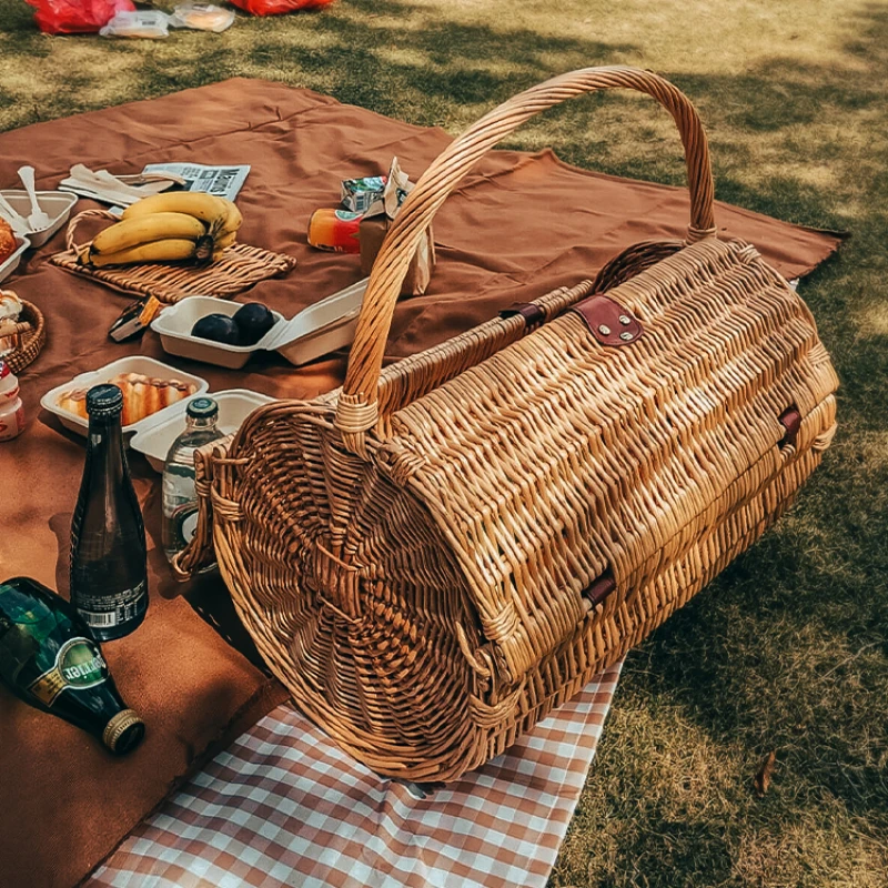 Outdoor Fruit Basket Camping Storage Box Large-capacity Rattan Picnic Basket with Tableware Handmade Willow Weave Picnic Baskets