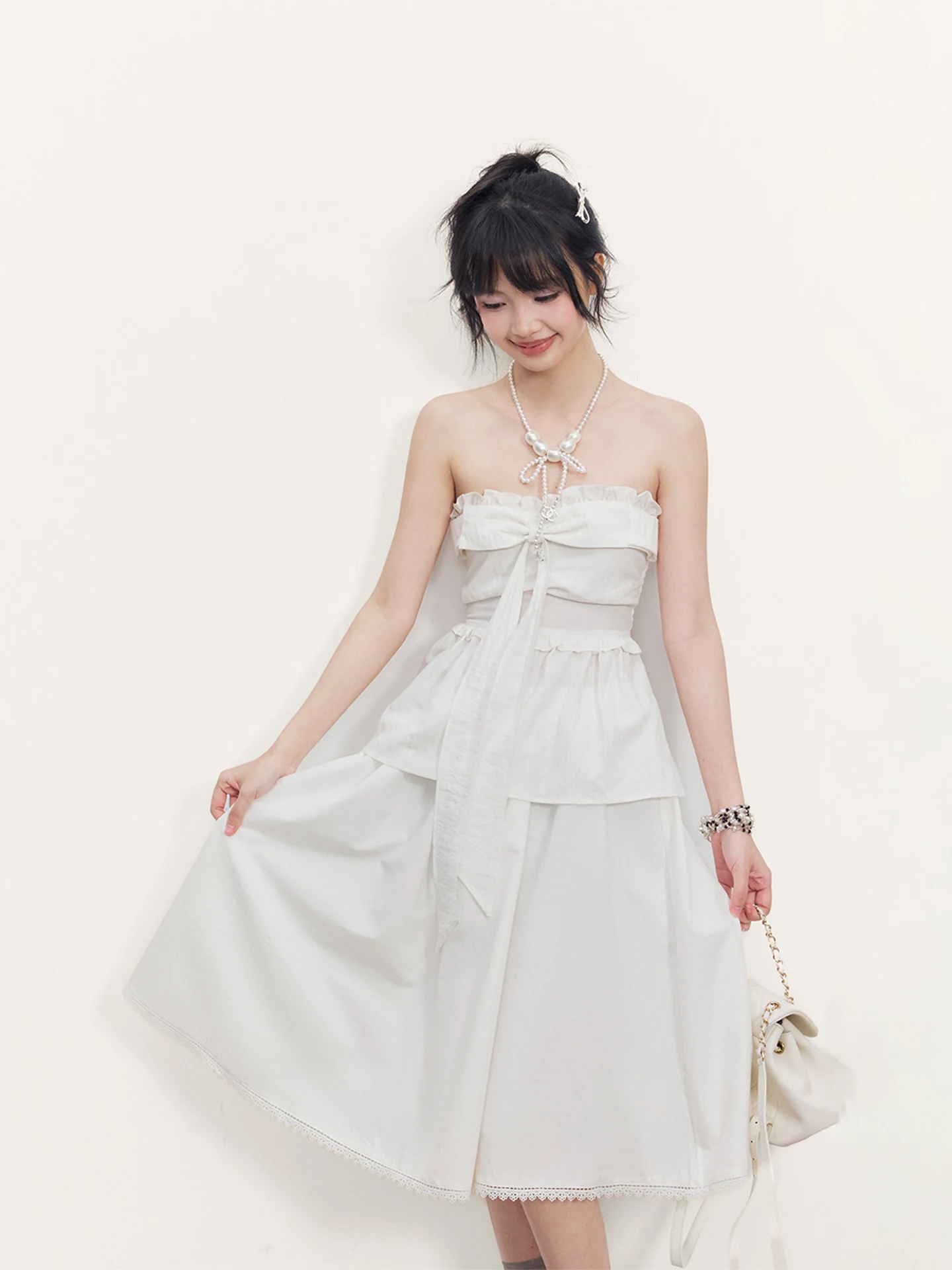 Sweet  Knot Strapless Women's Top Lemon Papaya Summer Slimming Wrap Chest with Pleated  Original Design Thin Model