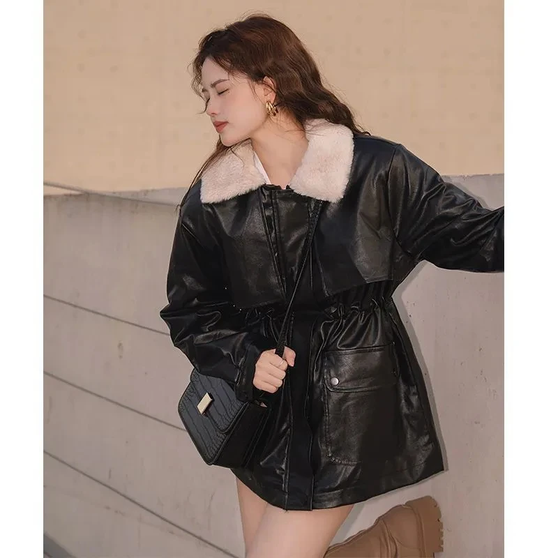

Motorcycle Style Autumn Winter Thick Imitation Rabbit Coat Retro Strap Lapel Leather Jacket Suede Leather Jacket Women's Trend