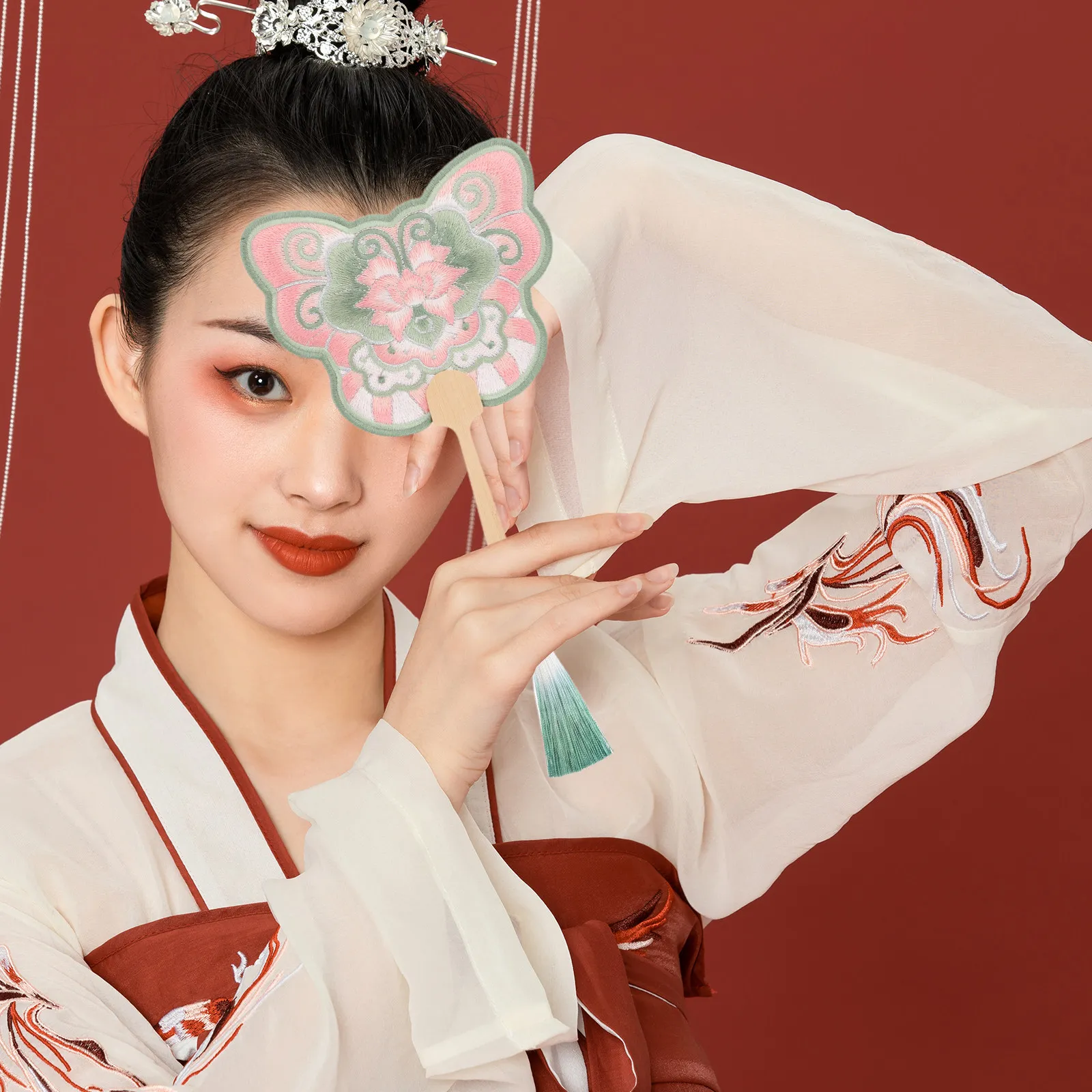 Chinese Floral Fan Delicate Embroidered Lotus Design Wooden Handle Traditional Style Handheld Fan for Weddings Cultural Events
