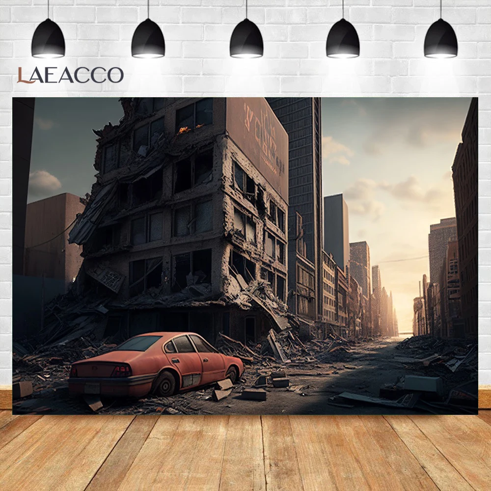 Laeacco Destroyed City Halloween Horror Backdrop Car Fire Dark Sky Apocalyptic Ruined House Photography Background Decoration