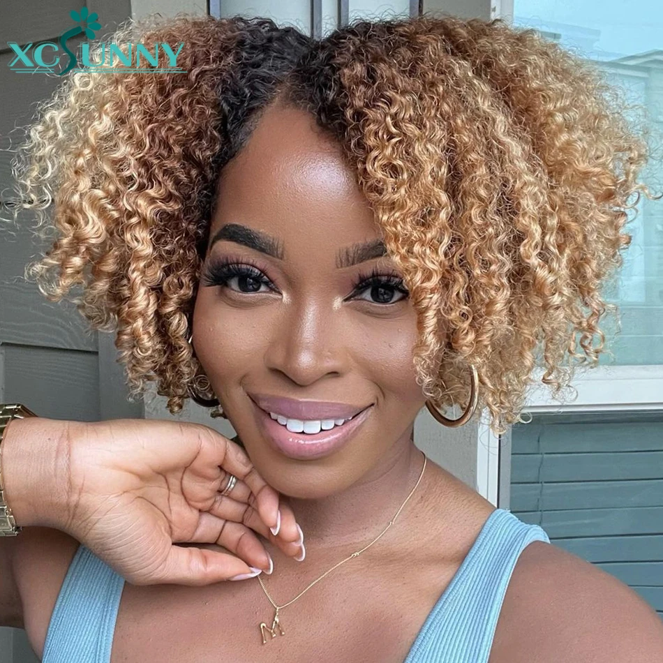 V Part Kinky Curly Wig Blonde Ombre Human Hair Wig Short Bob Wig Human Hair VPart Kinky Curly Wig No Leave Out Blend Hairline