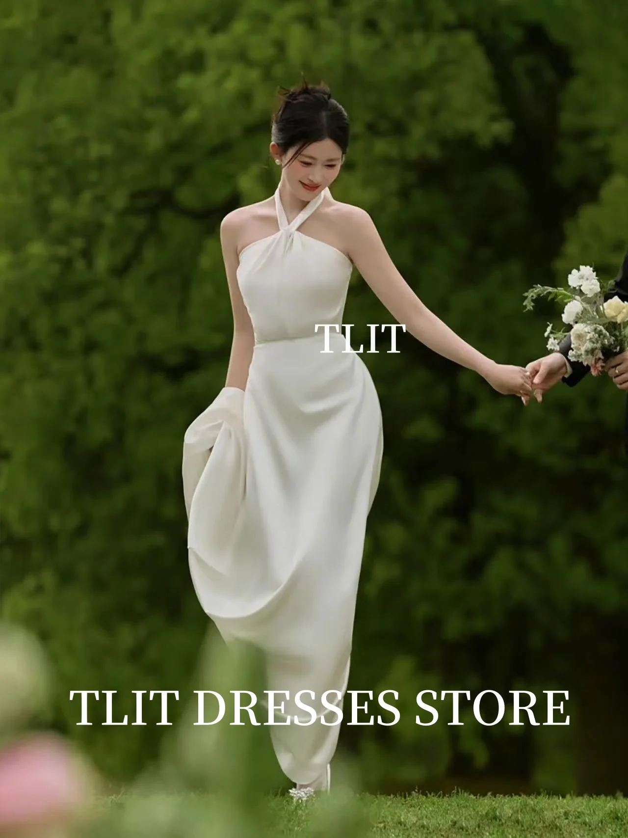TLIT Eenvoudige Witte Zijde Satijn Trouwjurken Halter Bruidsjurken Korea Trouwjurken Foto's Schieten Aangepaste ienia Ohio Ohio