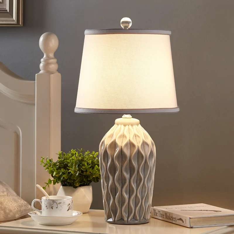 Nordic Minimalist Classical Ceramic Floor Lamp Bedroom Living Room Study Fabric Lampshade Creative Spiral Pattern LED Desk Light