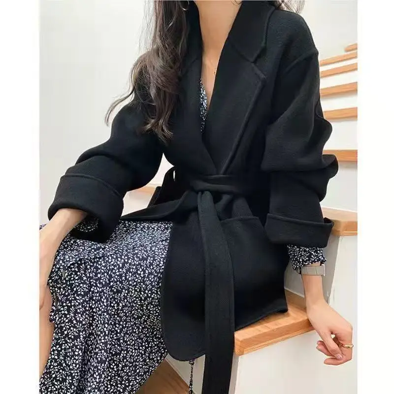 

Двубортное кашемировое пальто с отложным воротником, Женское зимнее Новое высококачественное элегантное приталенное короткое пальто в стиле ретро