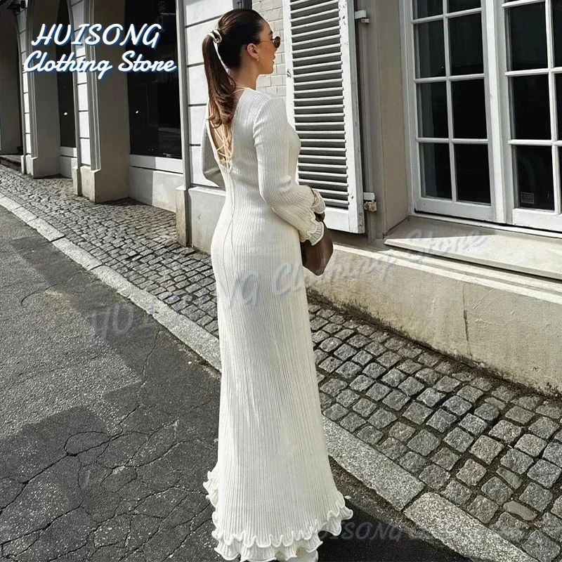 Flare Sleeve Round Neck White Maxi Dress Women 2024 Autumn Fashion Lace Up Elegant Long Dresses Female High Street Beach Robes