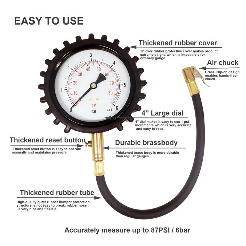 ATsafepro 4 Inch Tire Pressure Gauge 87 PSI 140 PSI 200PSI Accuracy Analog Pressure Gauge Clip On Air Chuck Racing Tyre Gauge