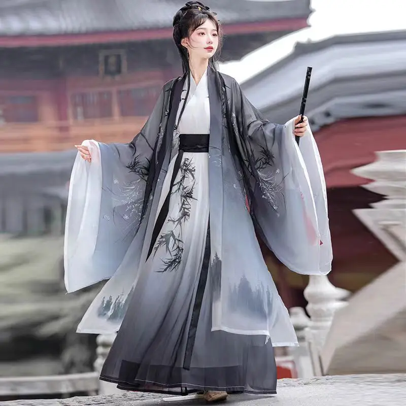 

Новый комплект Hanfu династии Сун - пальто унисекс с перекрестным воротником и широкими рукавами и юбкой на талии, традиционный китайский костюм