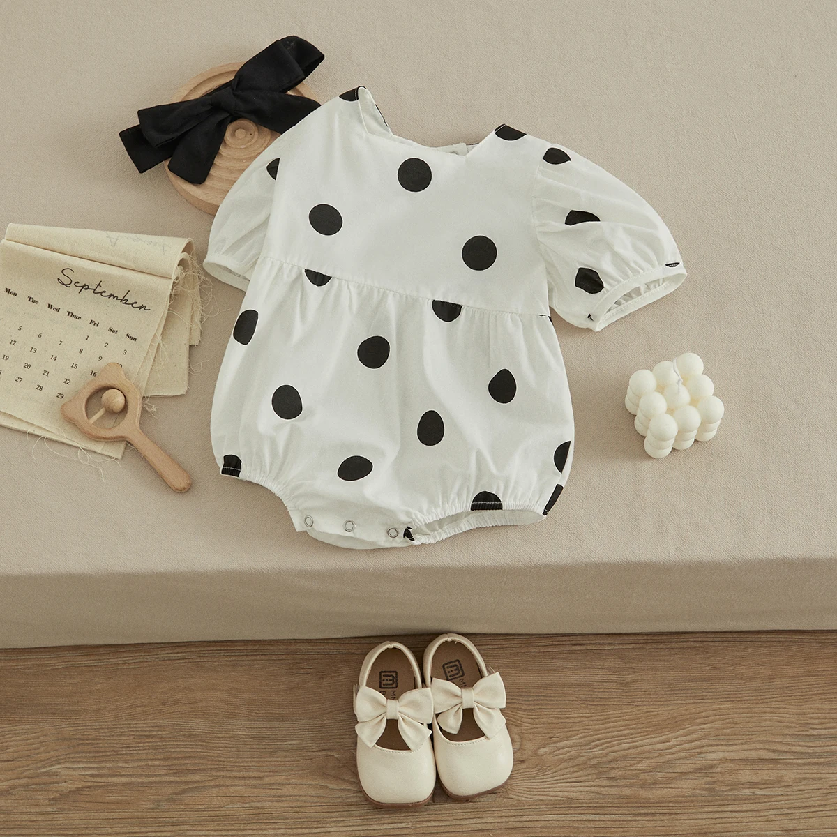 VISgogo Infant Baby Girl Romper Polka Dot Puff Sleeve Bodysuit Jumpsuit Bow Headband Outfit Sweet Style Baby Summer Clothing