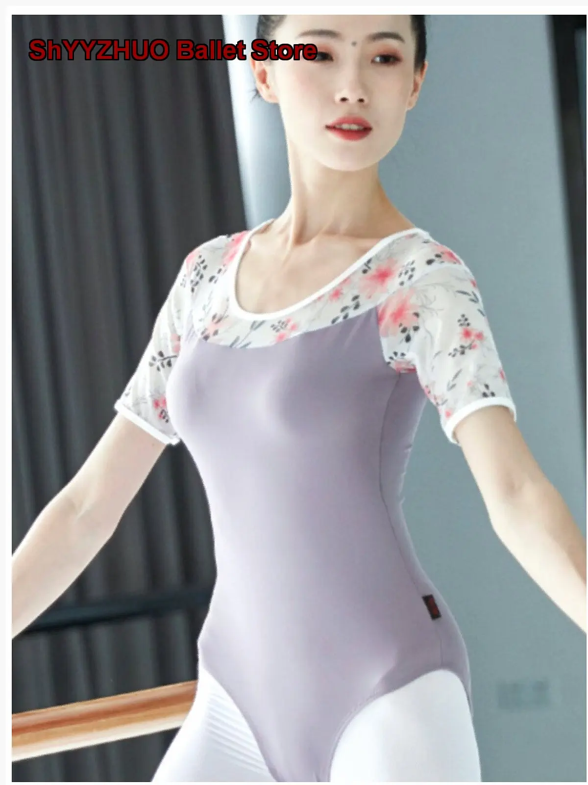 women's-adult-ballet-leotard-body-suit-performance-half-sleeve-printed-ruffled-mesh-female-art-exam-gymnastics-leotard