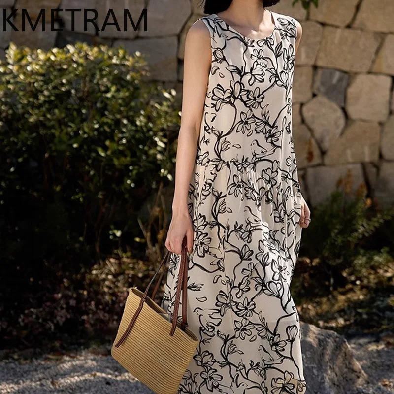 

KMETRAM Linen Tencel Tank Dress Woman Round Neck Elegant Dresses for Woman Clothing High Quality Sleeveless Summer Dress 2025