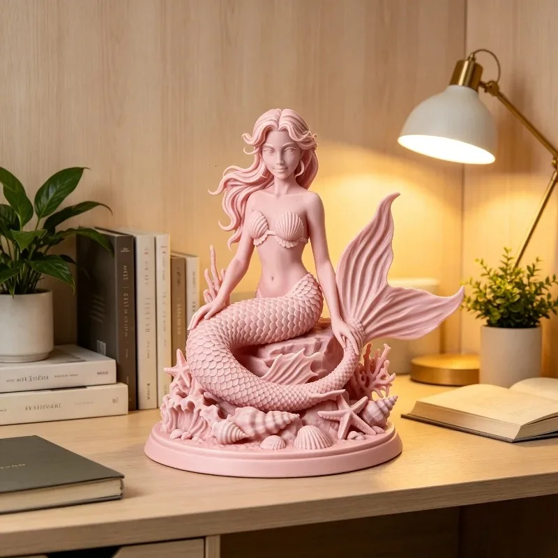Mermaid Figurine Statue 3 Colors Red Blue White Sitting on Coral Rock Seashell Starfish Tabletop Ornament Ocean Theme Home Decor