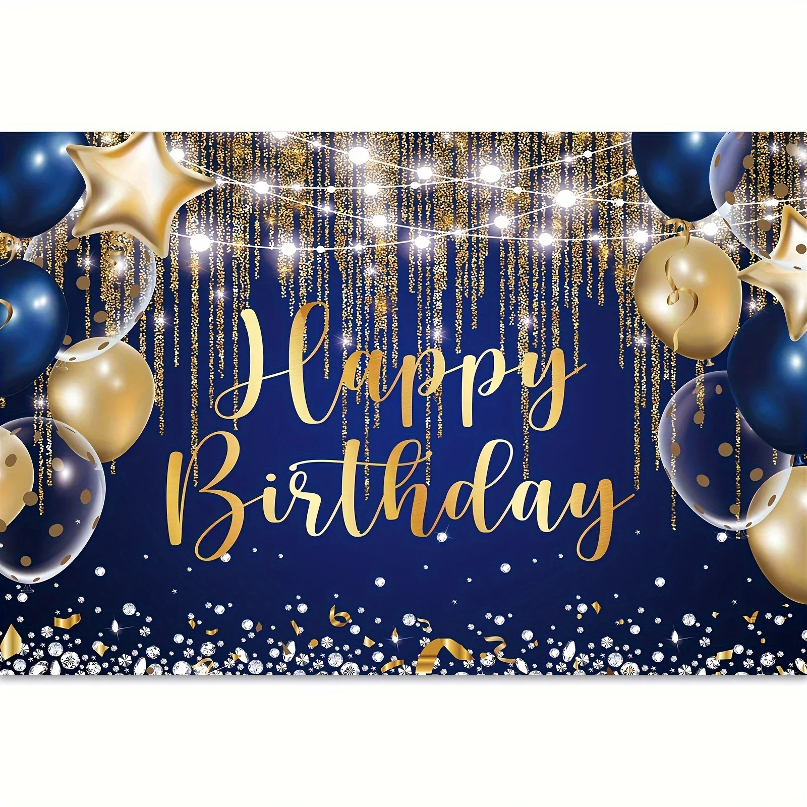 Shimmering Navy & Royal Blue Birthday Background,  Golden Polka Dot Balloons, Magical Cake Table Decor & Photography Banner