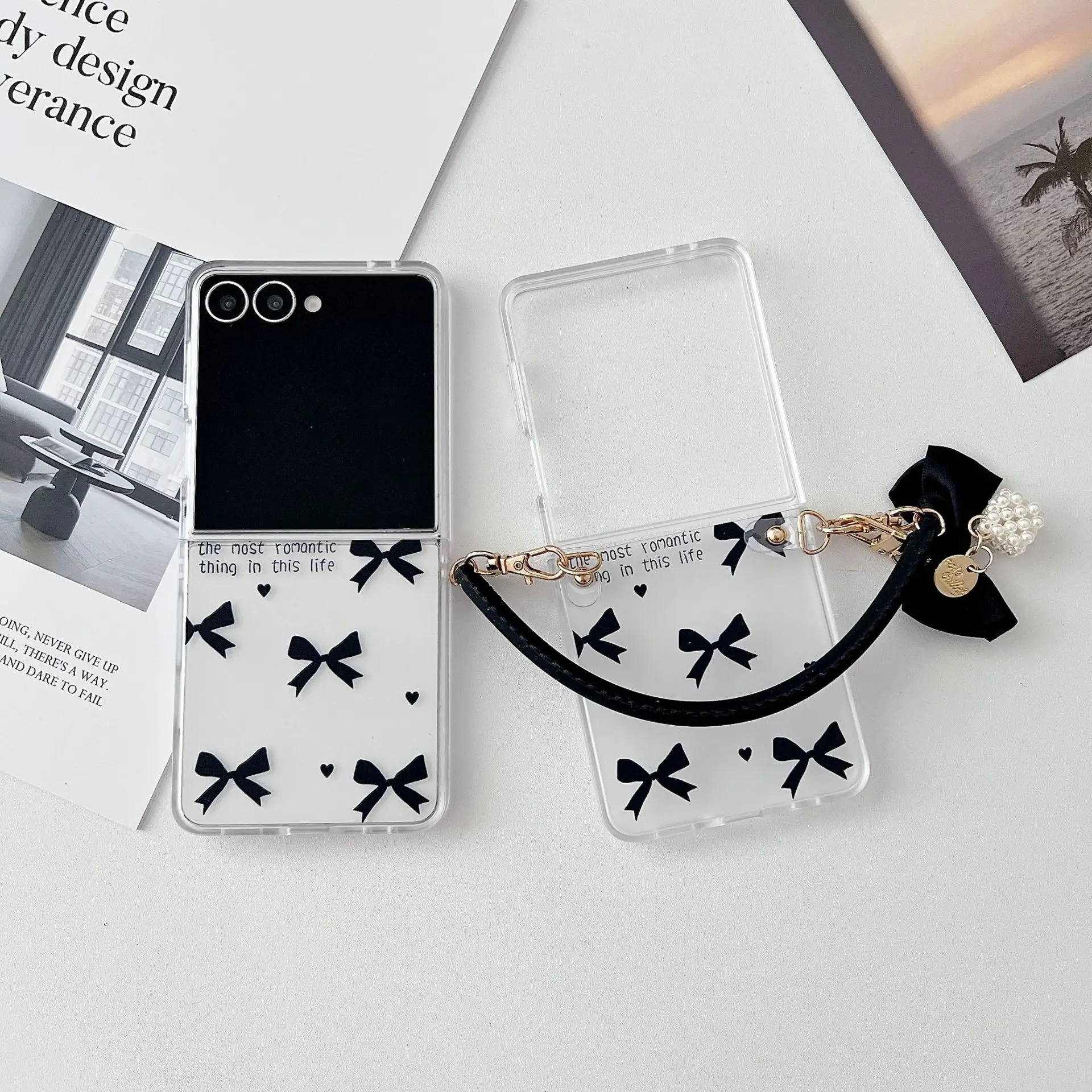 

Black Bowknot White Phone Case For Samsung Galaxy Z Flip 7 6 5 4 Protective Back Cover For ZFlip5 ZFlip6 ZFlip7 Case Shell