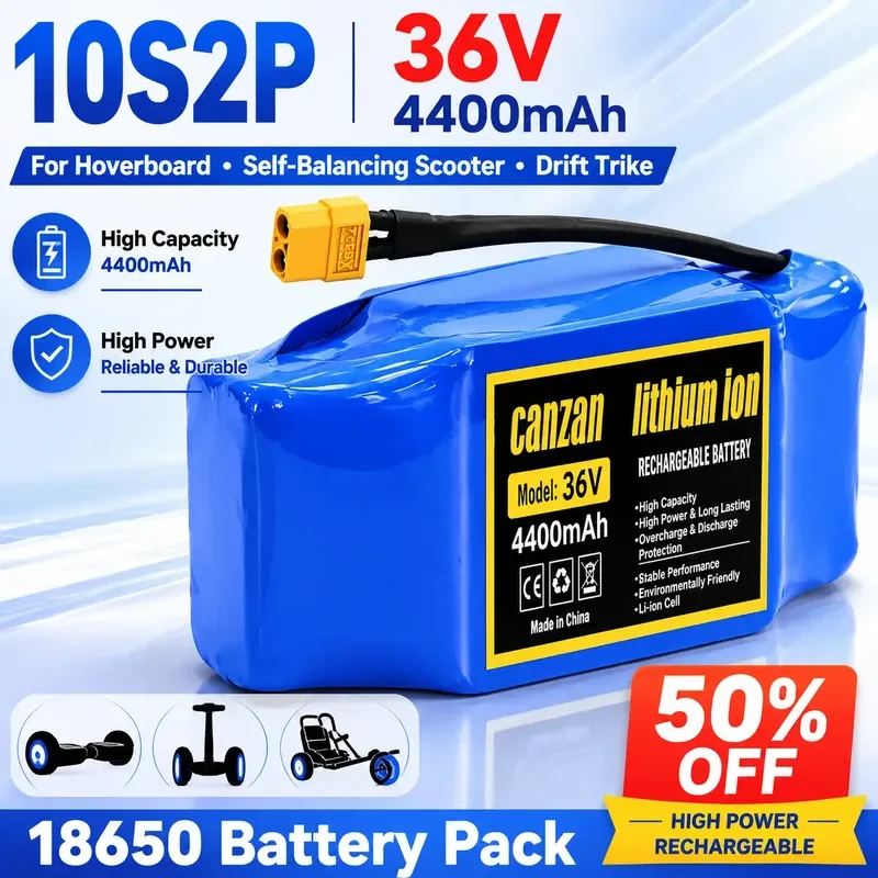 10S2P 36V 4400mAh 18650 Battery Pack for Hoverboard Self-Balancing Scooter Drift Trike High Power Rechargeable Li-ion Battery