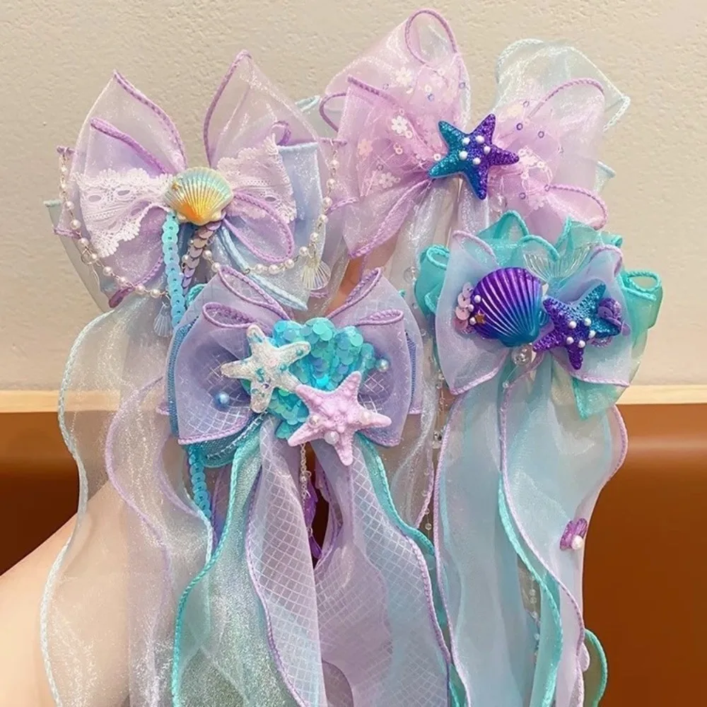 Fairy Sweet Mermaid Bow Hair Clip Starfish Lace Organza Ribbon Hair Barrette Tassel Seashell Hairpin Dress Up