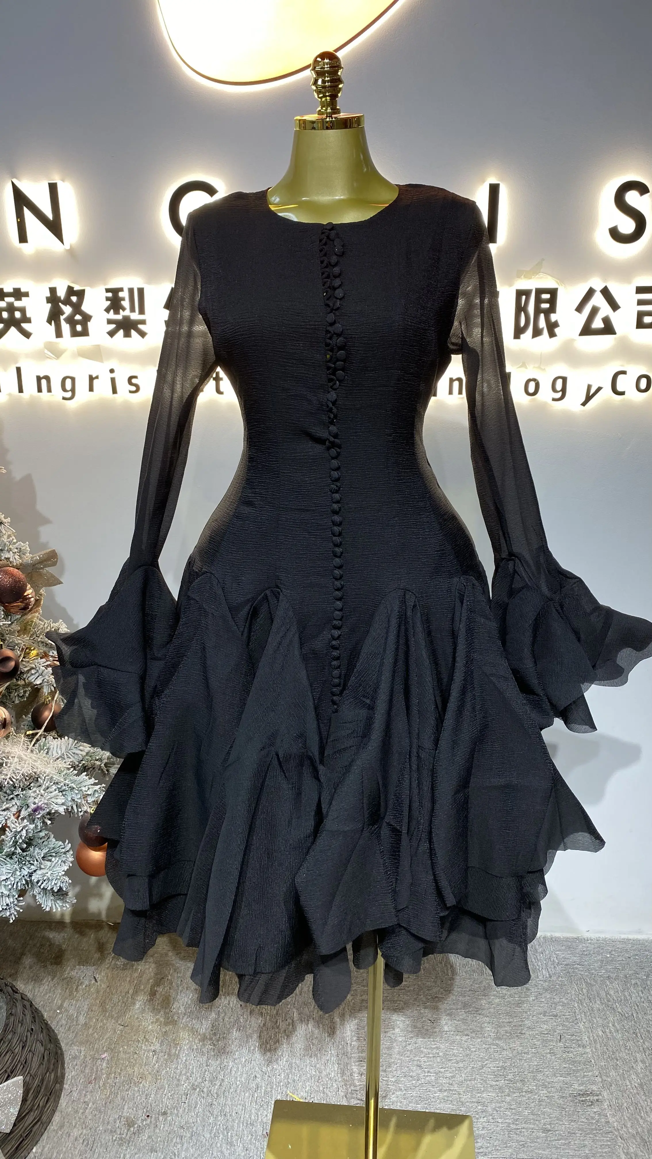 New Fairy-like Round Neck Ruffled Small Sleeve Evening Dress Elegant Women's Casual Dress-GZXX414