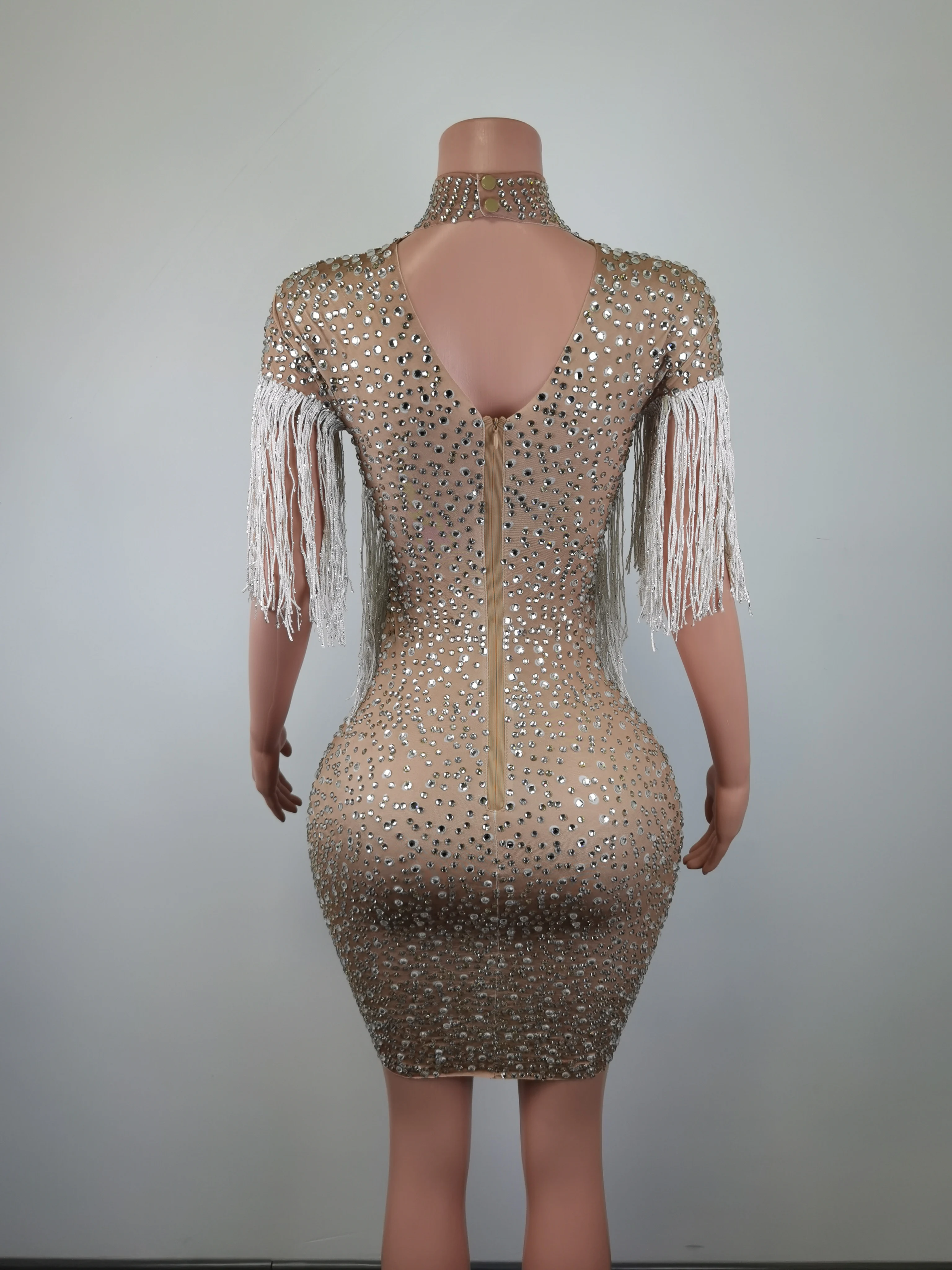 Elegancka Sukienka Koktajlowa Bodycon z Długim Rękawem, Frędzlami i Cyrkoniami, Damski Strój Klubowy, Suknia Wieczorowa na Kolację, Seksowna Mini Sukienka na Bal Maturalny