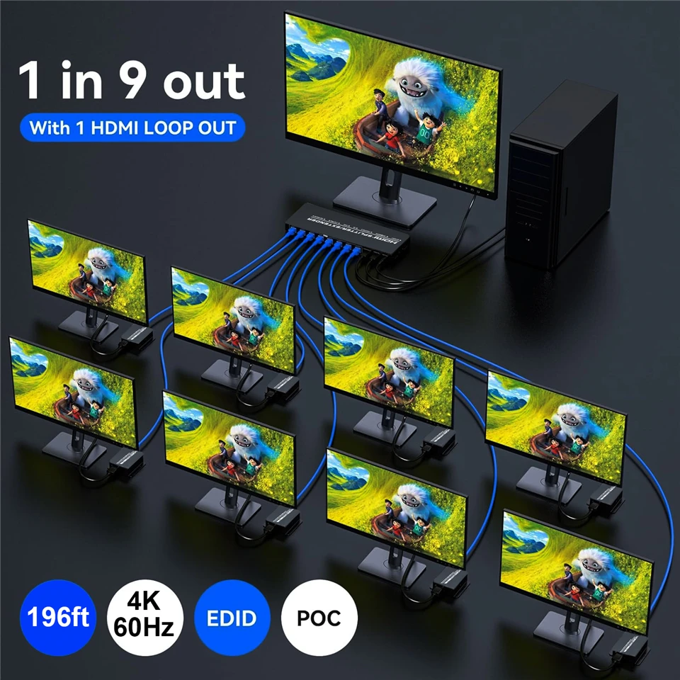 Navceker 4K 60Hz HDMI Extender Splitter 1x8 3D HDMI RJ45 Extender 60m Ethernet เกียร์ CAT5e/6/7 4 ช่อง 1 Loop Out