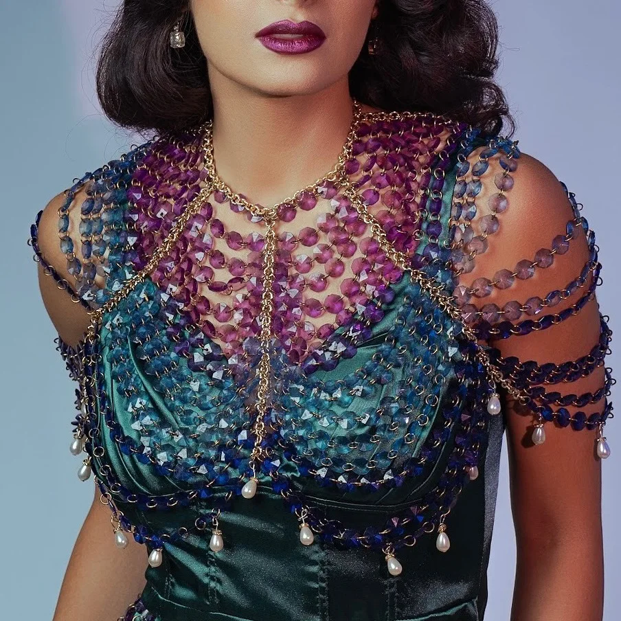 

Handmade Lingerie Harness Beaded Bra Halter Neck See-through Tassel Hollow Out Tops Body Beachwear Exaggerated Beaded Neck Bra