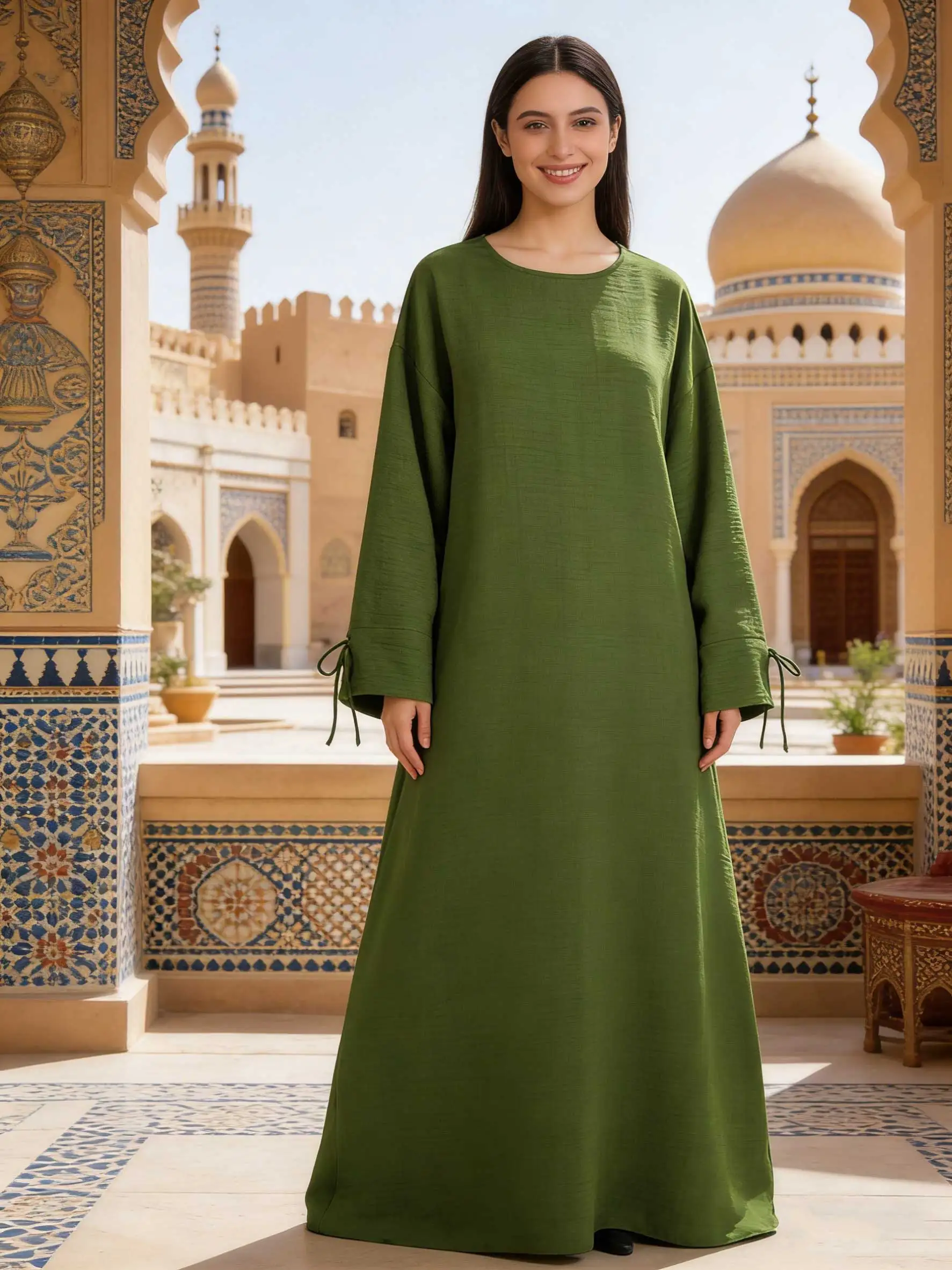 

2026 Muslim Women’s Green Islamic Abaya with Sleeve Detailing Ideal for Modest Fashion in Middle East like UAE and Saudi Arabia