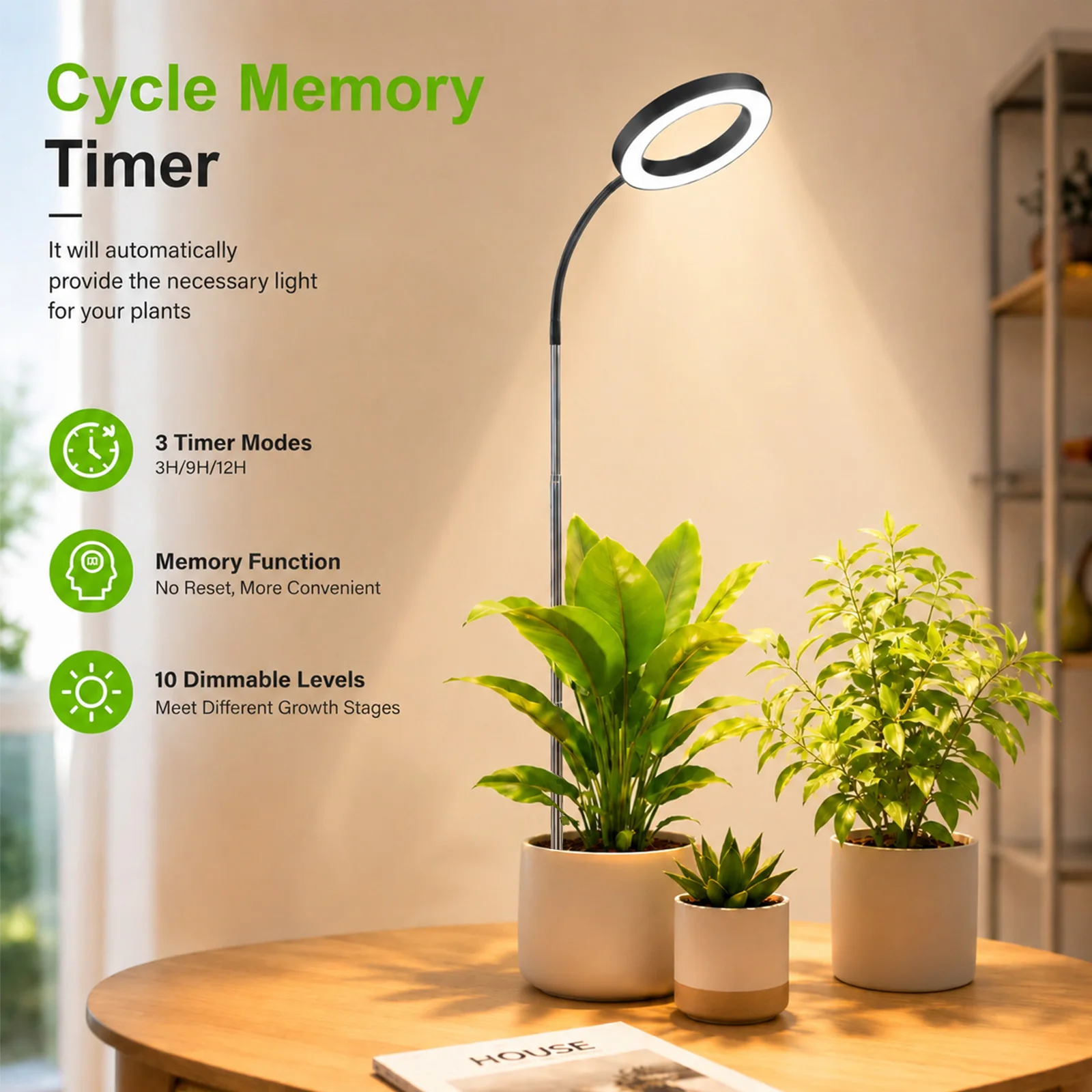 72 LEDs Full Spectrum Plant Grow Light 65 Inch Adjustable Height Automatic Timer with 3/9/12 Hours 10-Level Brightness 360 Degree Gooseneck for Indoor Plants Homes Offices
