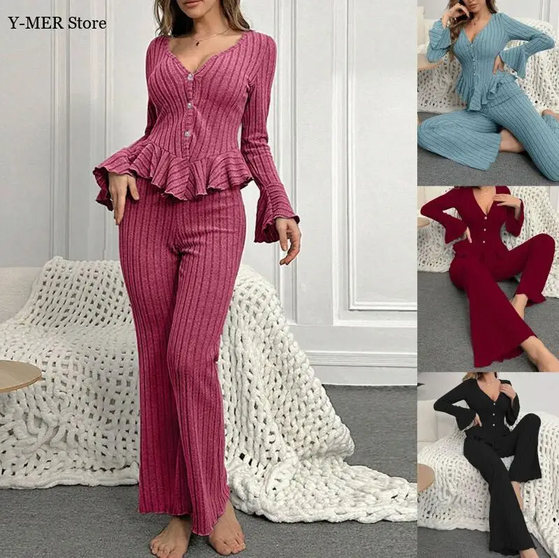 

Warm Two-Piece Home Wear Lazy Fashion Suit Female Pajamas Sleepwear Long Sleeved Top Long Pants Comfortable Autumn Winter Outfit