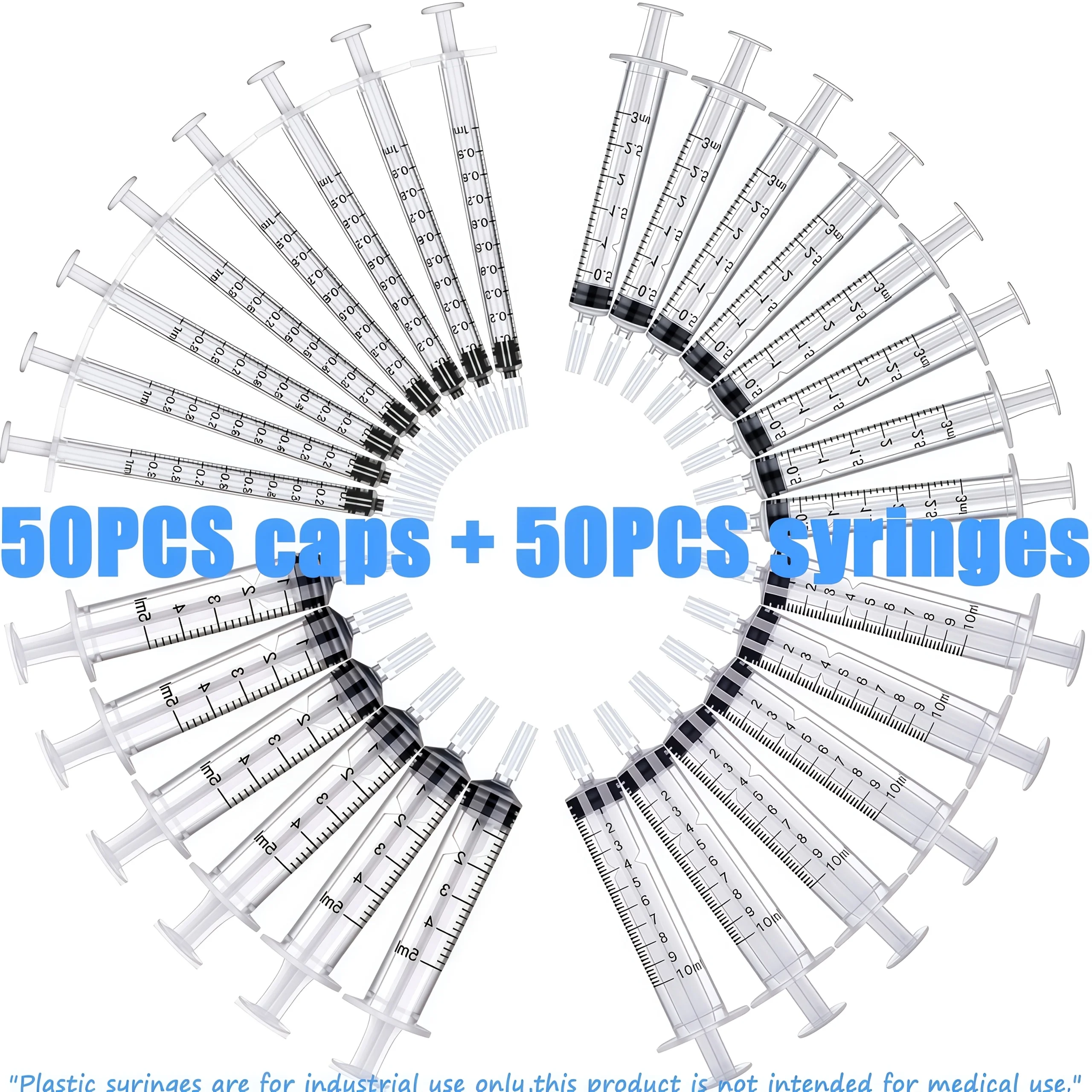 50Pcs Syringes + 50Pcs White Caps, Available in 4 Sizes: 1ml, 3ml, 5ml, 10ml, Liquid Syringes, Laboratory Supplies, Industrial Use, Also Suitable for Feeding Small Animals, Transferring Liquid Ink, Applying Glue, and Watering Plants