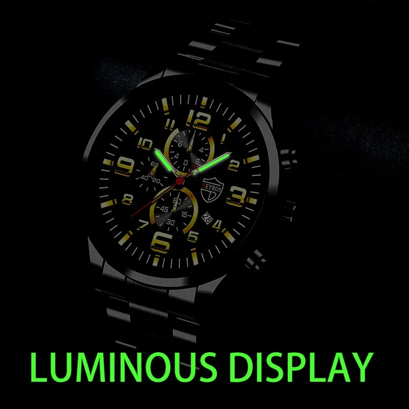 3PCS Fashion Mens Gold Necklace Bracelet Watches Set Men Business Casual Stainless Steel Quartz Watch Male Calendar Wristwatch