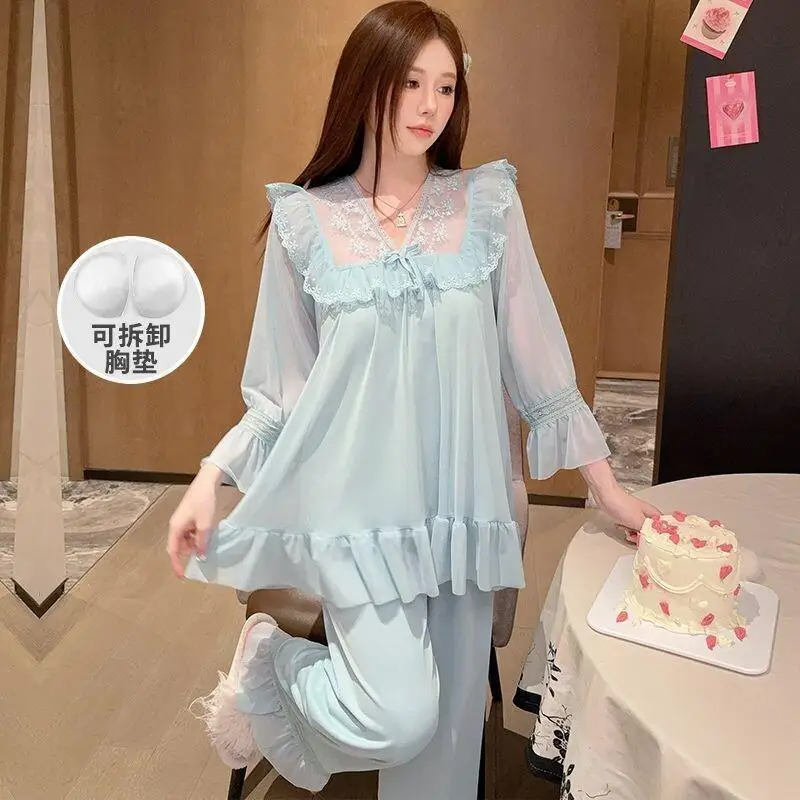 

Ночная сорочка в стиле принцессы, свободная, с длинным рукавом, женская, с подкладкой на груди, с цветочным кружевом, домашняя одежда, удобный повседневный комплект