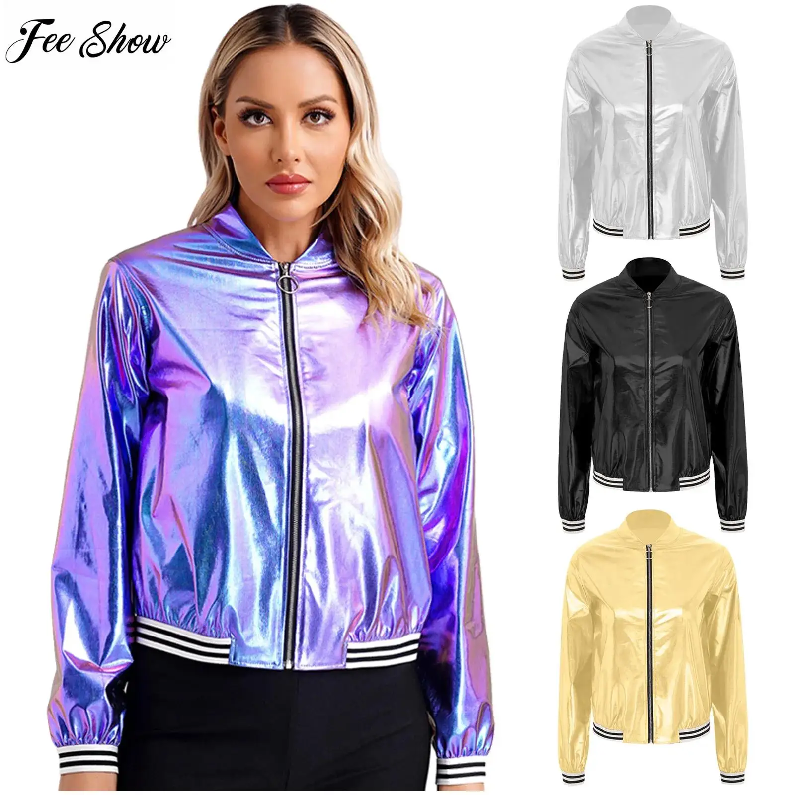 

Womens Holographic Bomber Jacket Long Sleeve Front Zipper Striped Band Outerwear Shiny Metallic Baseball Jacket Coat Clubwear