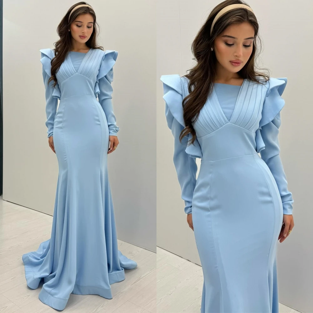 

Customized Classic Jersey Square Collar Evening Dress Classic Mermaid Prom Dresses Fashion Long Sleeves Special Occasion Gowns