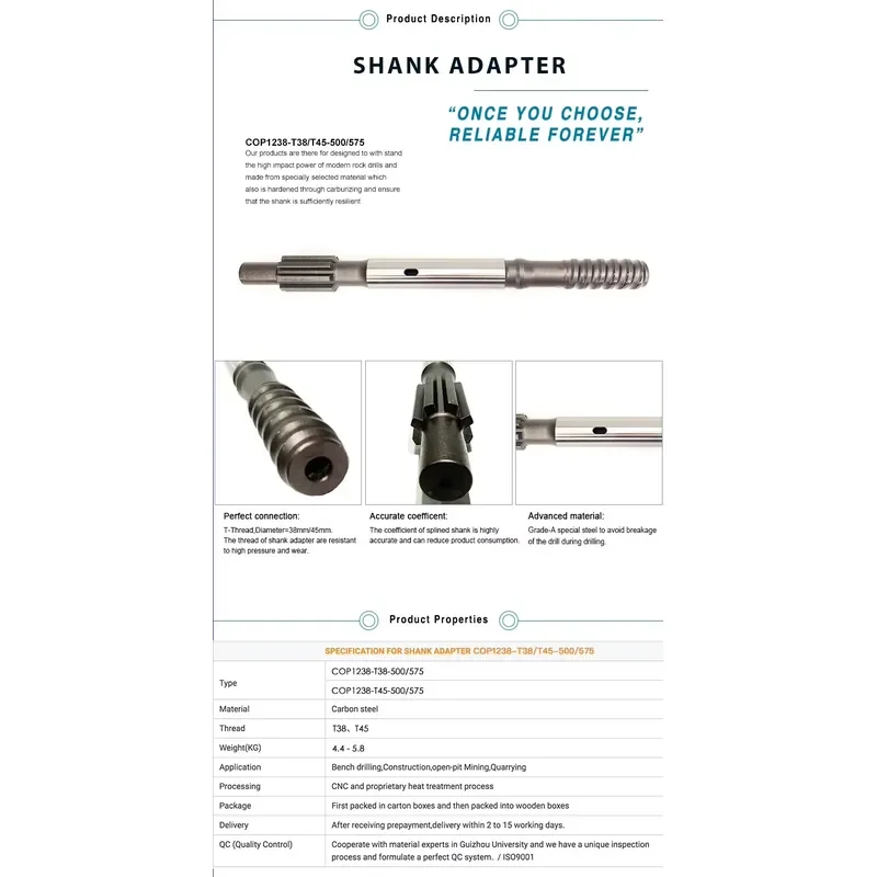 Wear Resistant COP1238 Shank Adapter 90515980 T38 T45 500mm Cop1036 Cop1038 Shank Adapter 9051 5980