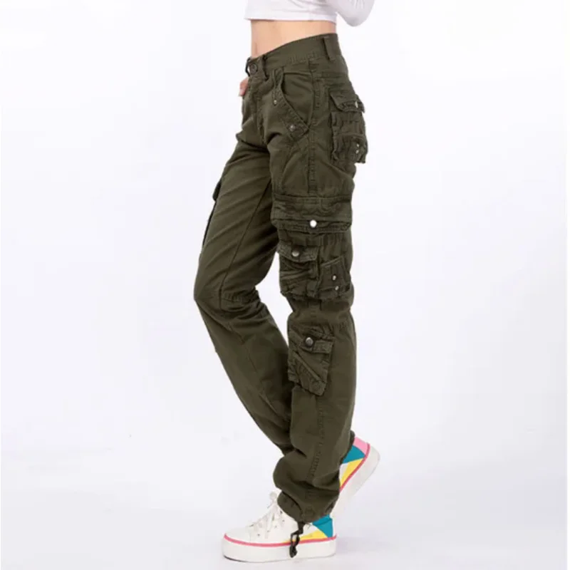 Womens cargo pants casual harem tactical military trousers multi pockets joggers streetwear pants solid candy color plus size