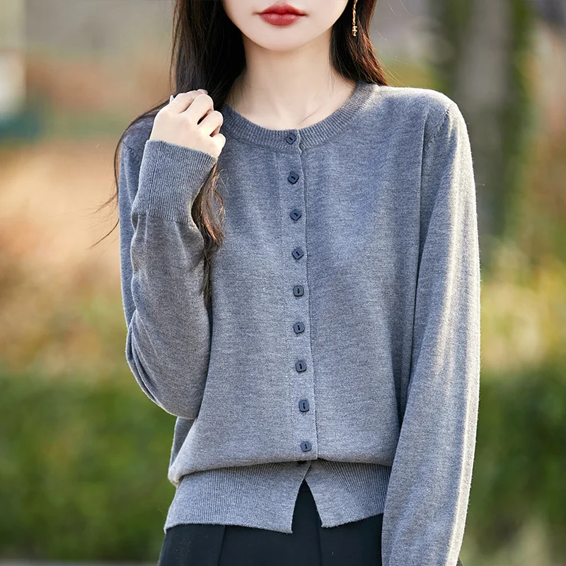 

2025New Round Neck Single Breasted Spun Wool Knitted Cardigan Women's Loose Long Sleeved Versatile Fashion Sweater Jacket