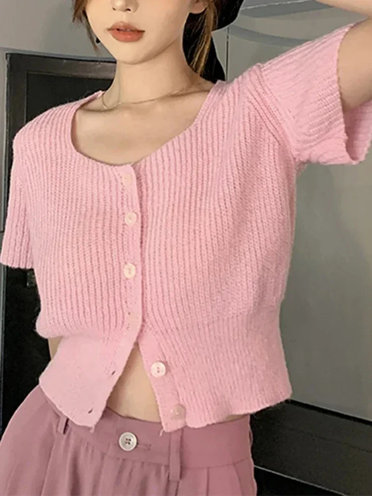 

New Korean Fashion Design Solid Color Women's Square Neck Short-Sleeved Knitted Cardigan with Waistband Sweet Stylish Summer Top