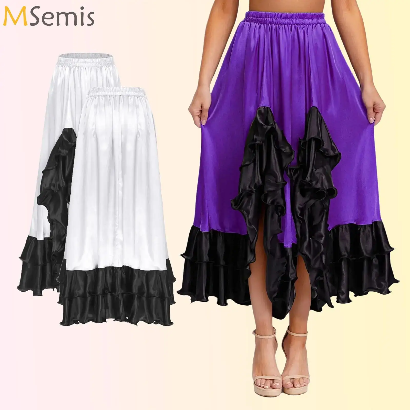 

Womens Flamenco Dance Skirt Ruffled Irregular Hem Satin Big Swing Skirt for Gypsy Spanish Bullfighting Dance Tango Salsa Latin