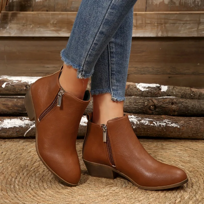 Women's Fashion Block Heel Booties Fall New Round Toe Side Zipper Soft Slip Single Boots