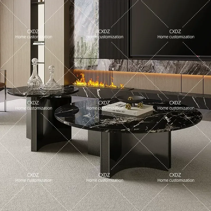 Italian minimalist round marble coffee table side table combination light luxury stainless steel modern minimalist style