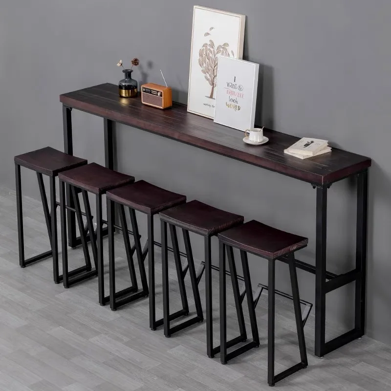 Solid wood bar, long balcony against the wall, coffee shop, milk tea shop, wine bar counter, wrought iron high table and chair