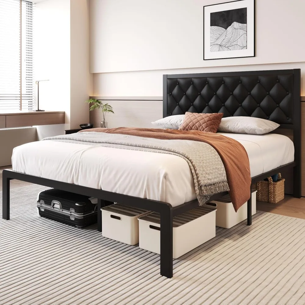 Bed Frame with Headboard PU Leather Upholstered Bed Frame Platform,All Metal Slats Support Platform Bed Frame with Storage image 3