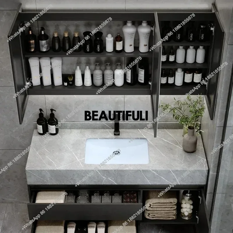 

R Rock Panel Bathroom Cabinet Combination Modern Light Luxury Ceramic Seamless Basin Integrated Washbasin