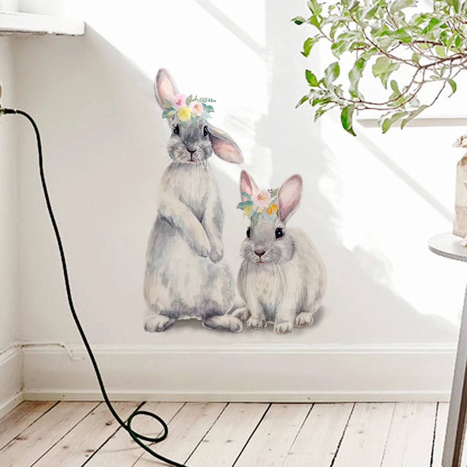 

Watercolor Grey Baby Rabbits Floral Decals Removable Nursery Wall Art Stickers Wallpaper Posters Girls Bedroom Gift Home Decor