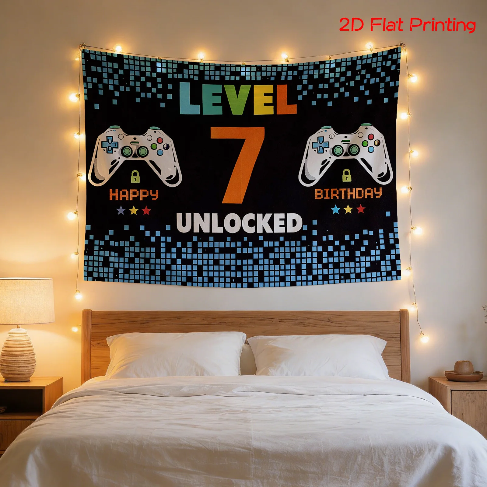 Level 7 Gaming Birthday Tapestry Wall Art Decor Gamer Room Poster for Boys Girls Nerd Geek Decor 180x320cm