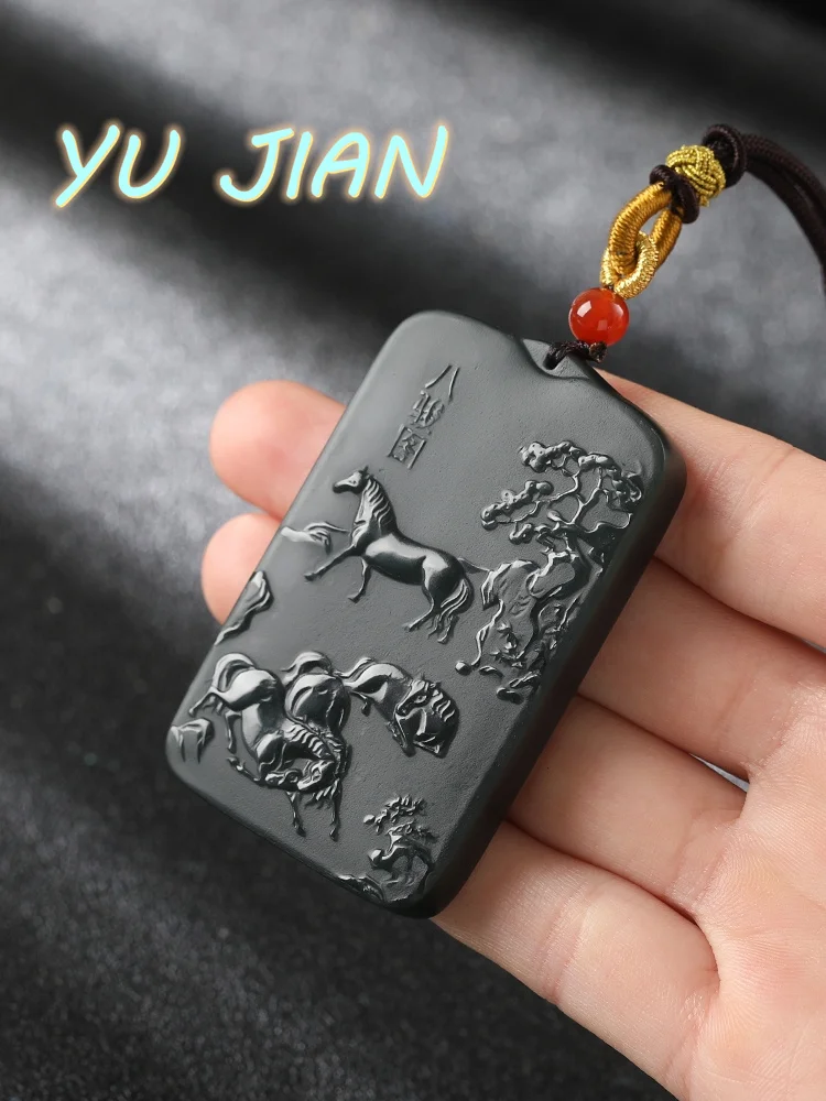 New Natural Hetian Jade Qing-jade Eight Horses Figure Hand-carved Horse-pendant Fine Necklace Chain High Quality Jewelry