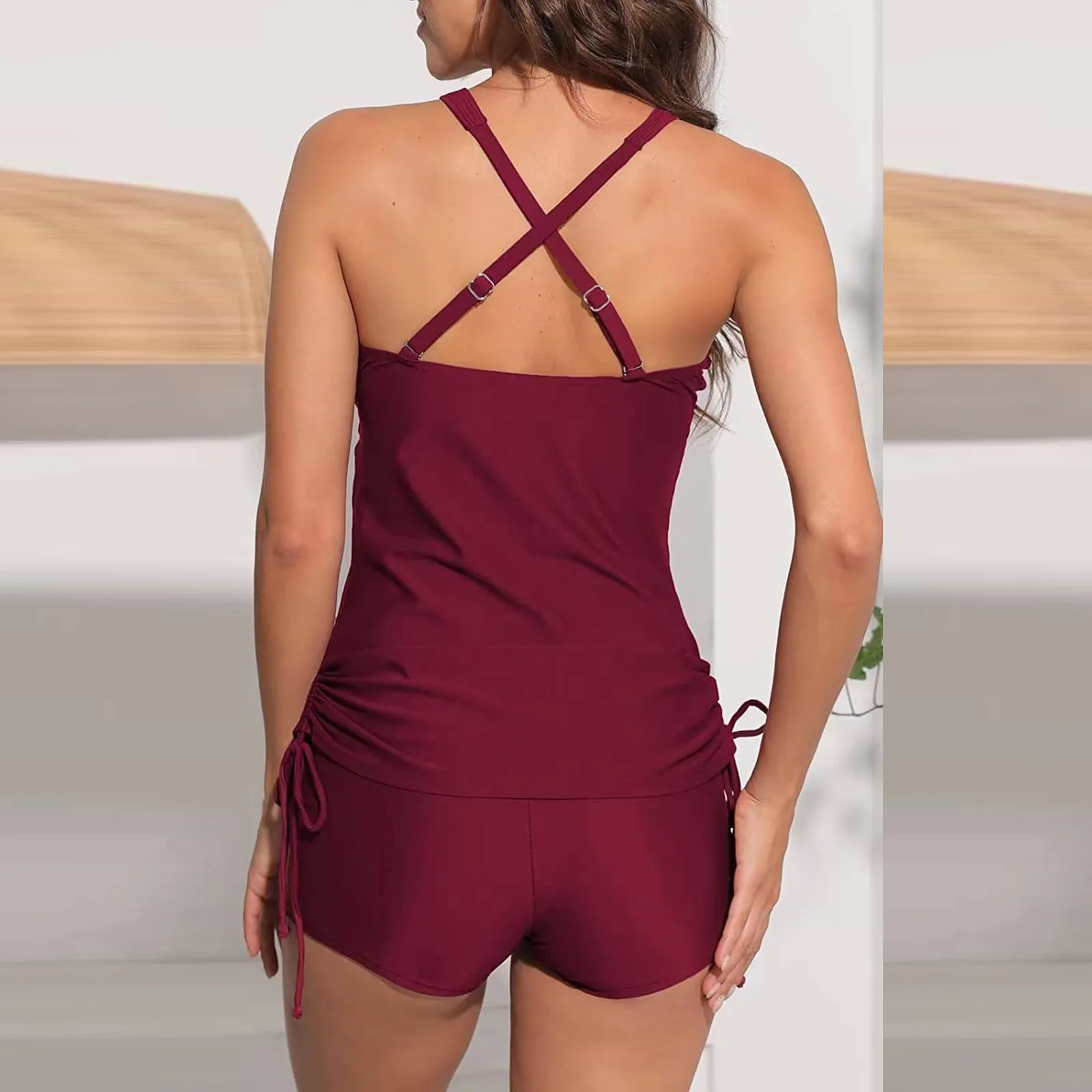 Traje de baño con abertura para mujer, Tankini de cintura alta con cuello en V, conjunto de dos piezas, 2023